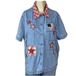 Vintage Lemon Grass Patriotic Denim Button Shirt Flag Heart Women Large
